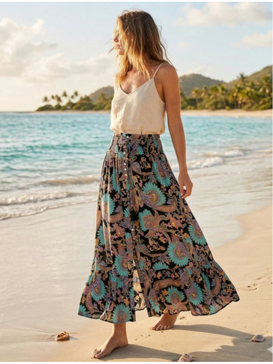 Haute Hippie Dresses & Skirts - Haute Hippie Maxi Skirt M Black Turquoise Paisley boho Y2K beach flowy